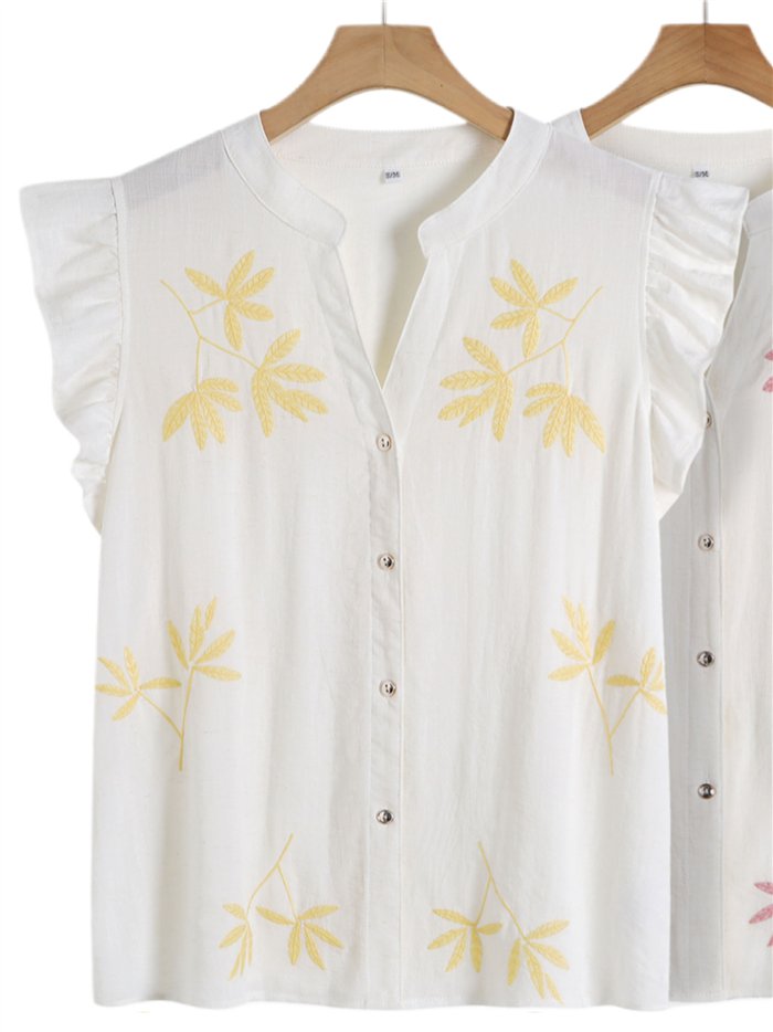 Blusa lino bordada hojas