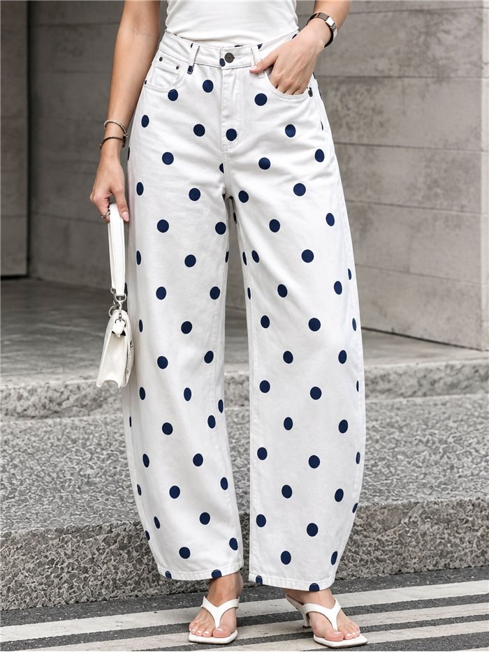 Pantalón vaquero barrel de lunares azul vaquero