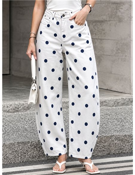 Pantalón vaquero barrel de lunares azul vaquero