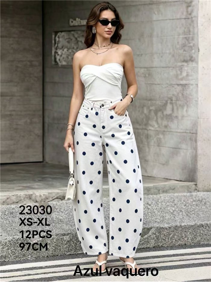 Pantalón vaquero barrel de lunares azul vaquero