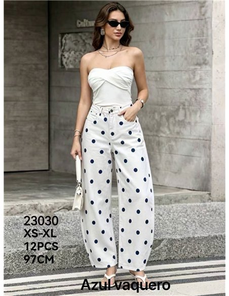 Pantalón vaquero barrel de lunares azul vaquero