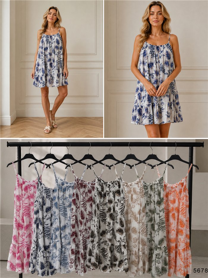 Kurzes Kleid mit Spaghettiträgern und Blättermuster