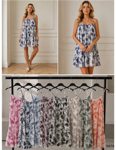 Kurzes Kleid mit Spaghettiträgern und Blättermuster