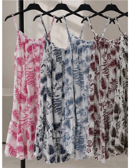 Kurzes Kleid mit Spaghettiträgern und Blättermuster