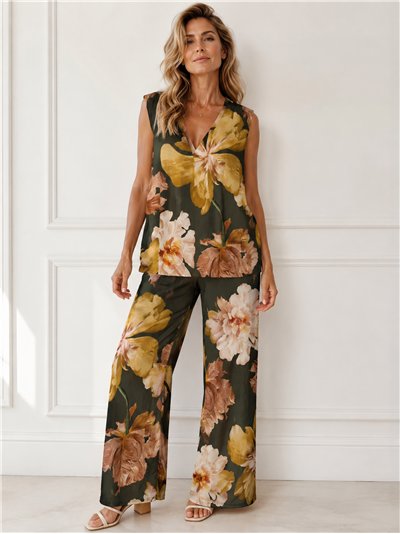 Conjunto top lycra talla grande estampado peonias y pantalón