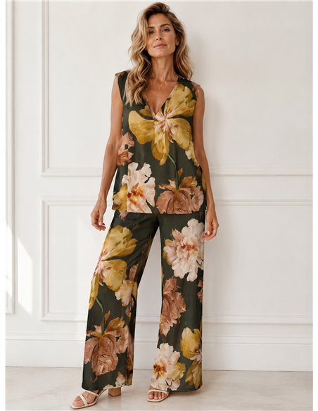 Conjunto top lycra talla grande estampado peonias y pantalón