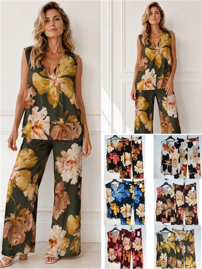 Conjunto top lycra talla grande estampado peonias y pantalón