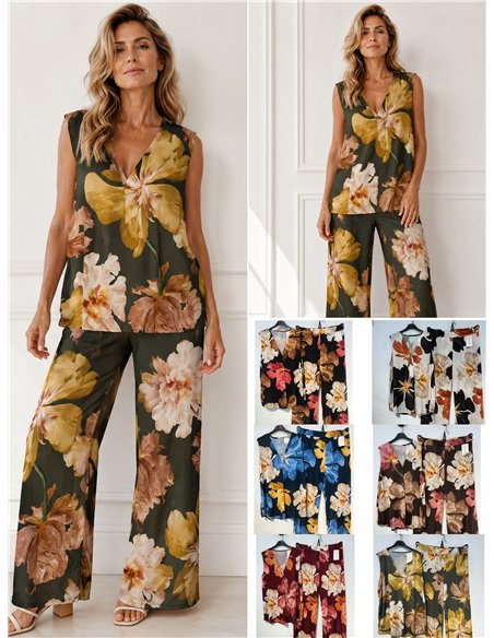 Conjunto top lycra talla grande estampado peonias y pantalón