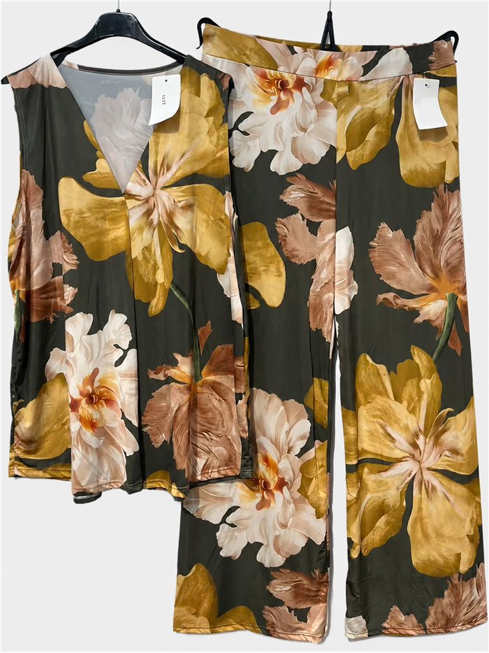 Conjunto top lycra talla grande estampado peonias y pantalón
