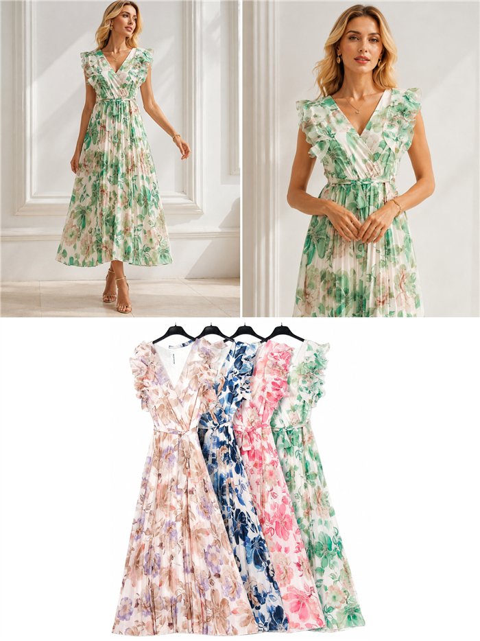 Vestido longo plissado floral