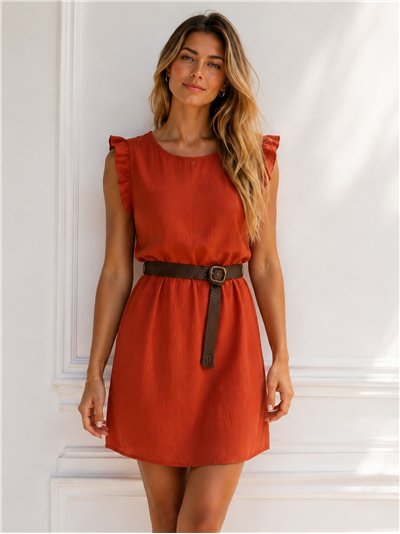 Vestido liso con volante y cinturón