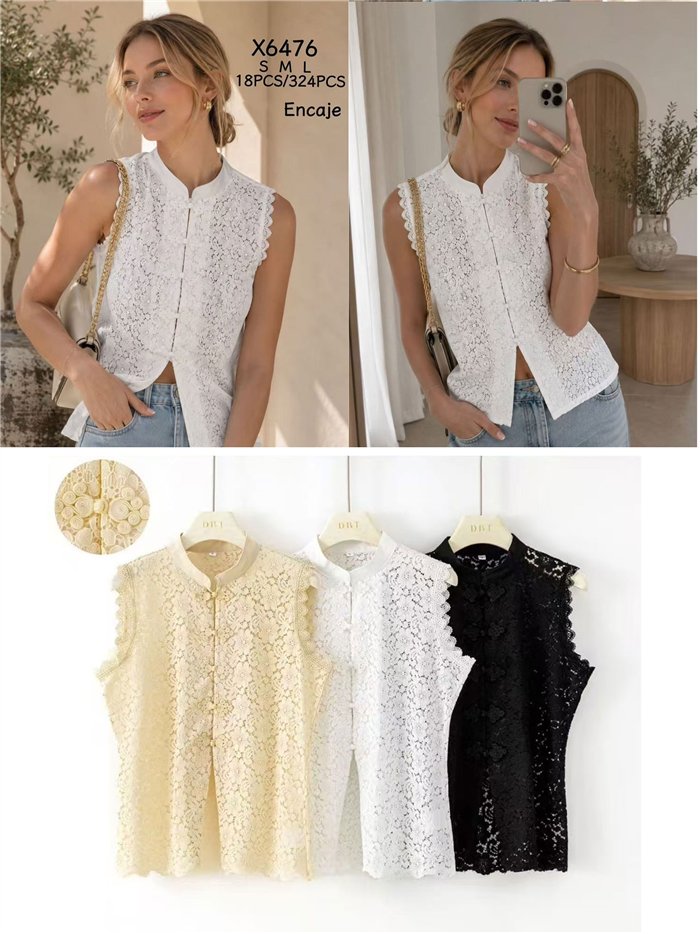 Blusa encaje con cuello mao