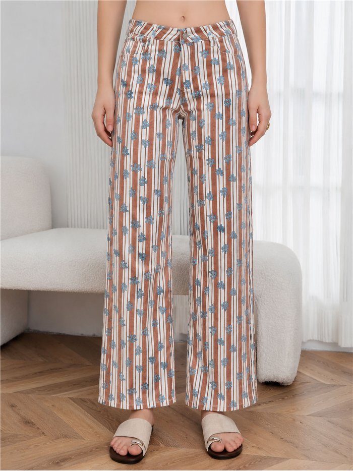 Pantalón denim recto rayas y flores