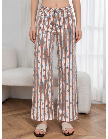 Pantalón denim recto rayas y flores