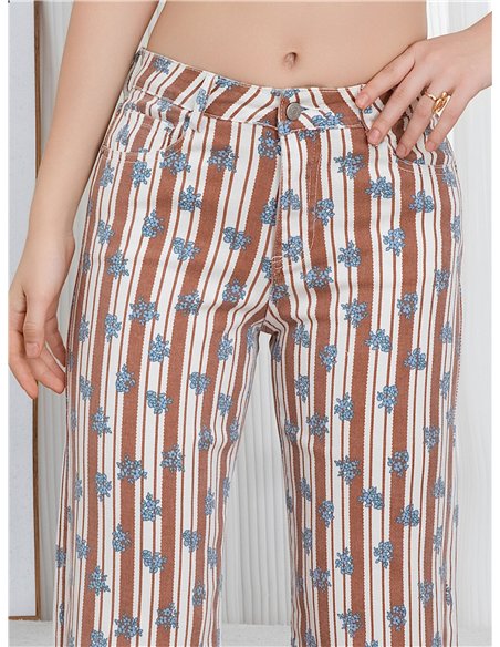 Pantalón denim recto rayas y flores