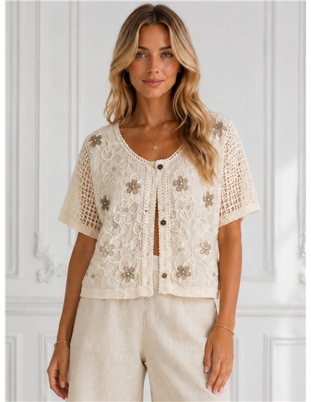 Chaqueta de crochet bordada con flores