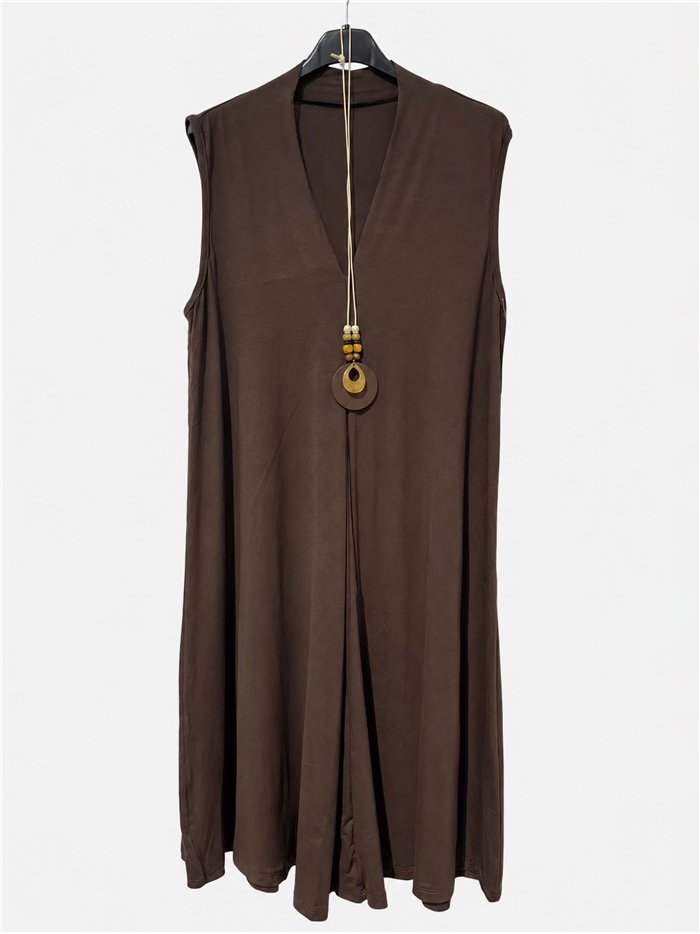 Robe midi unie à col en V et collier