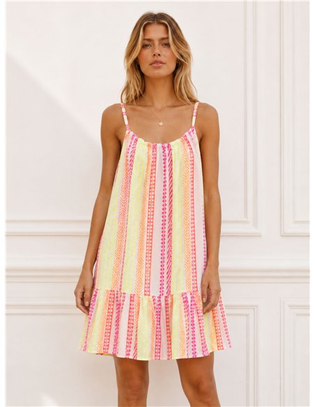 Vestido curto com alças estampadas em neon