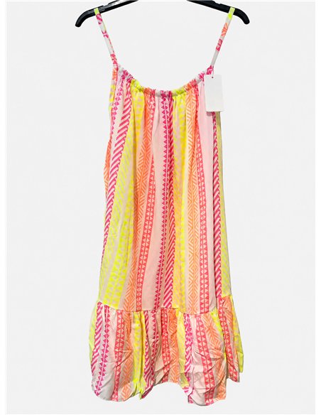 Vestido curto com alças estampadas em neon