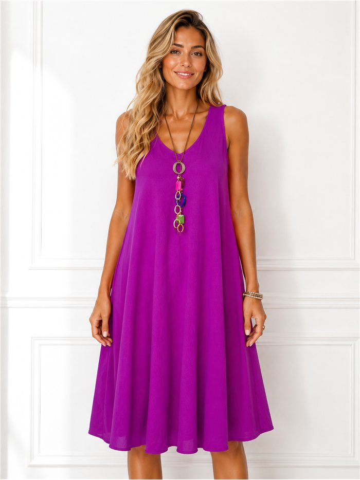Vestido fluido evasé sin mangas con collar