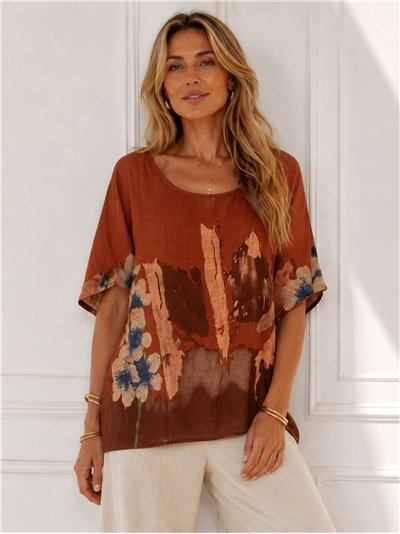 Blusa amplia efecto lino estampada flores