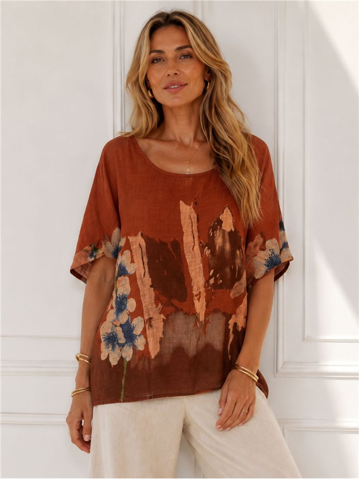 Blusa amplia efecto lino estampada flores