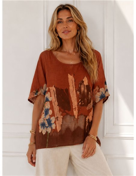 Blusa amplia efecto lino estampada flores