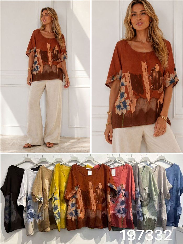 Blusa amplia efecto lino estampada flores