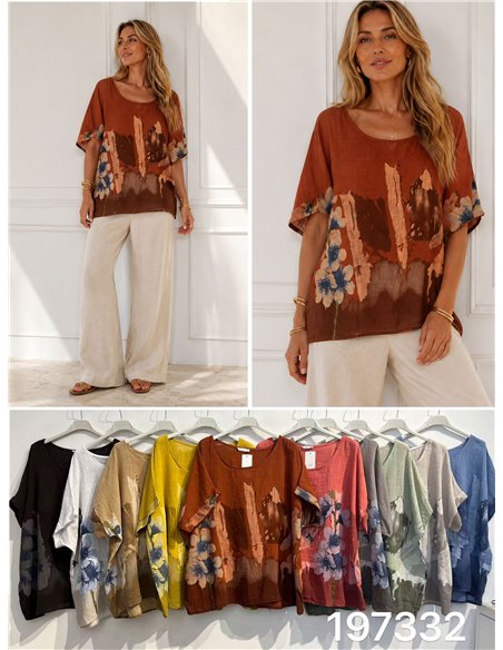 Blusa amplia efecto lino estampada flores