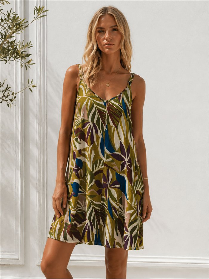 Robe courte en lycra à imprimé feuilles