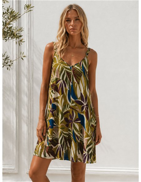 Robe courte en lycra à imprimé feuilles