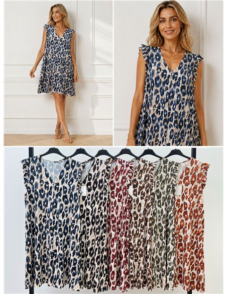 Sleeveless leopard print lycra dress with ruffle
