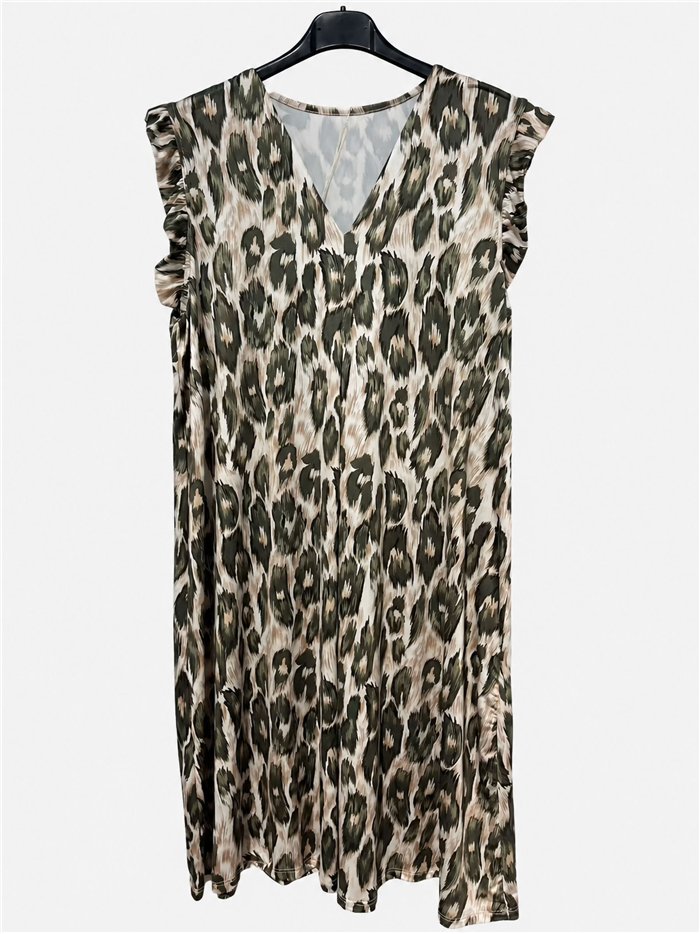 Sleeveless leopard print lycra dress with ruffle