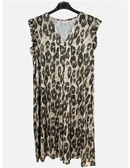 Sleeveless leopard print lycra dress with ruffle