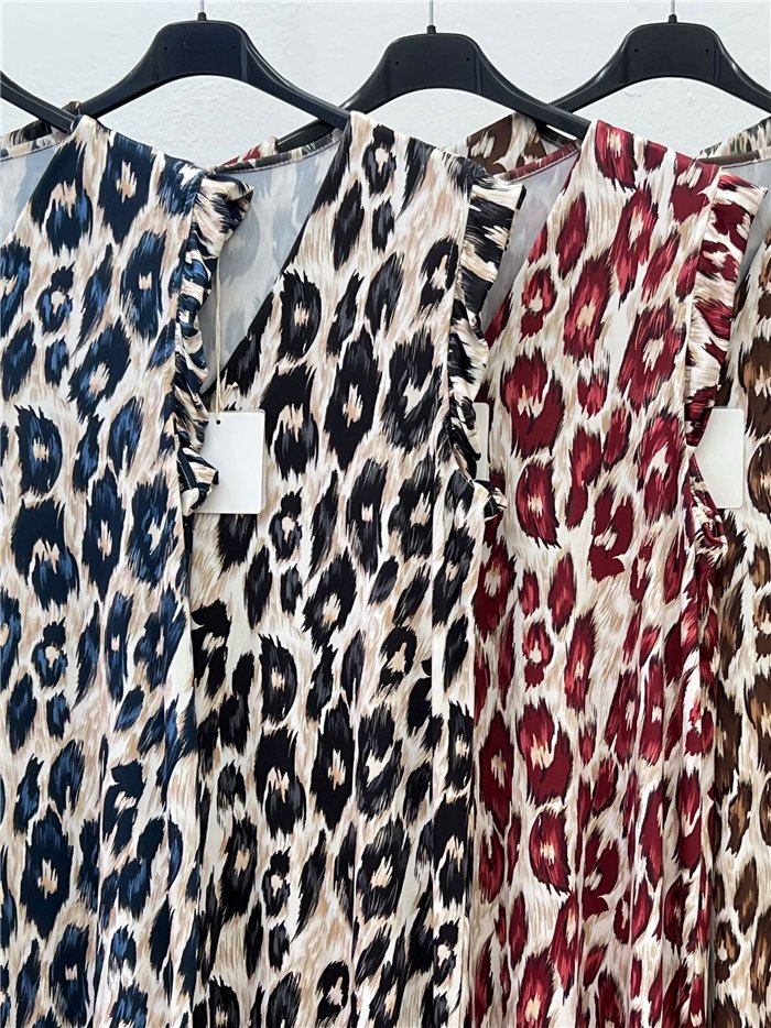 Sleeveless leopard print lycra dress with ruffle