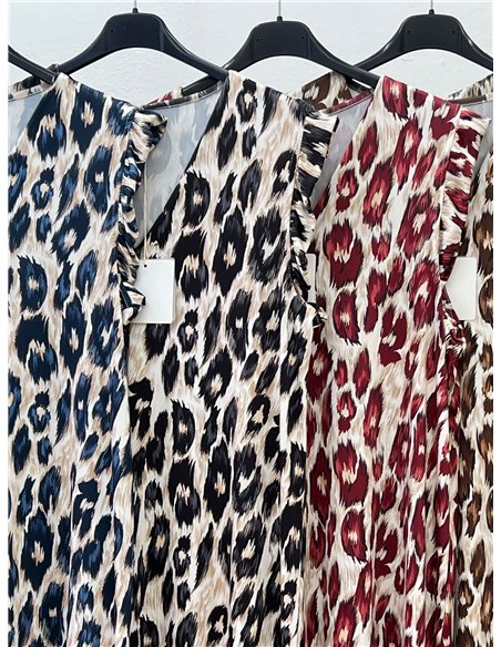 Sleeveless leopard print lycra dress with ruffle