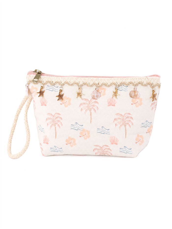 Trousse de toilette tropicale en toile avec coquillages suspendus