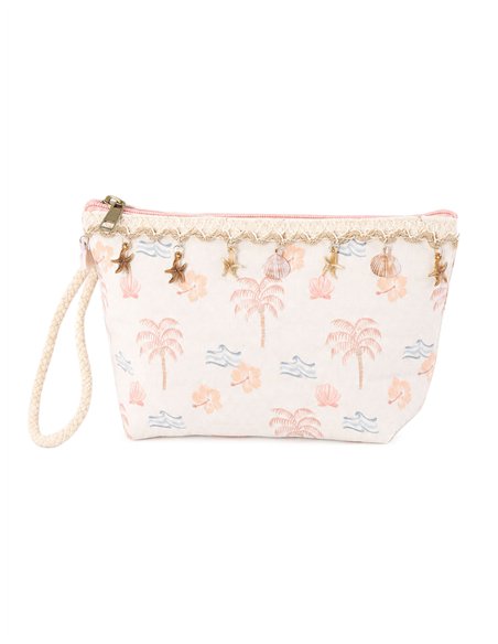 Trousse de toilette tropicale en toile avec coquillages suspendus