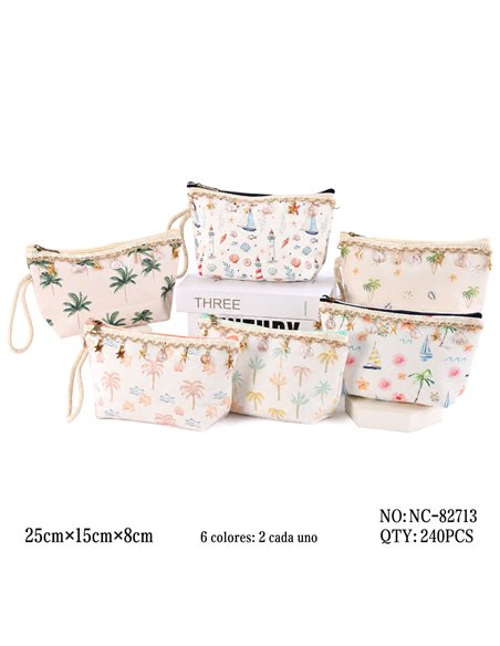 Trousse de toilette tropicale en toile avec coquillages suspendus