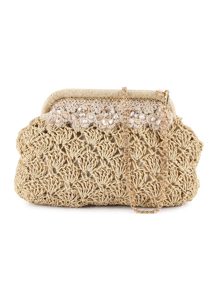 Bolso de mano de rafia con crochet y abalorios
