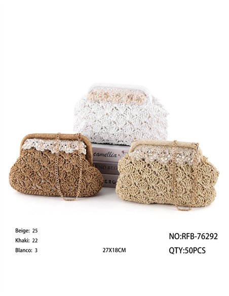 Bolso de mano de rafia con crochet y abalorios