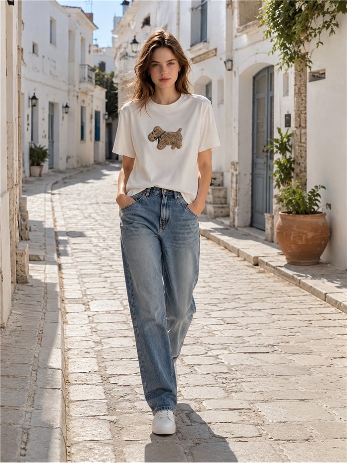 T-Shirt mit kleinem Lamm-Hundemotiv