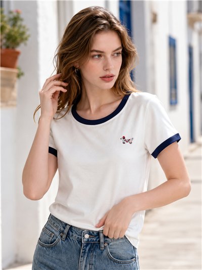 Dackel-T-Shirt mit kontrastierendem Rippstrickbündchen