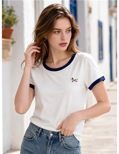 Dackel-T-Shirt mit kontrastierendem Rippstrickbündchen