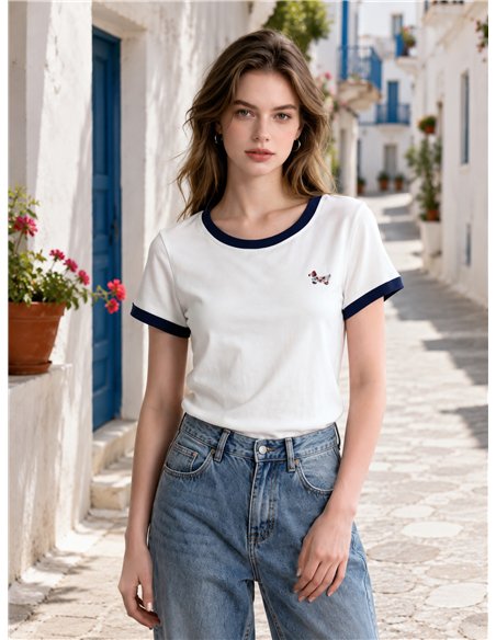 Dackel-T-Shirt mit kontrastierendem Rippstrickbündchen