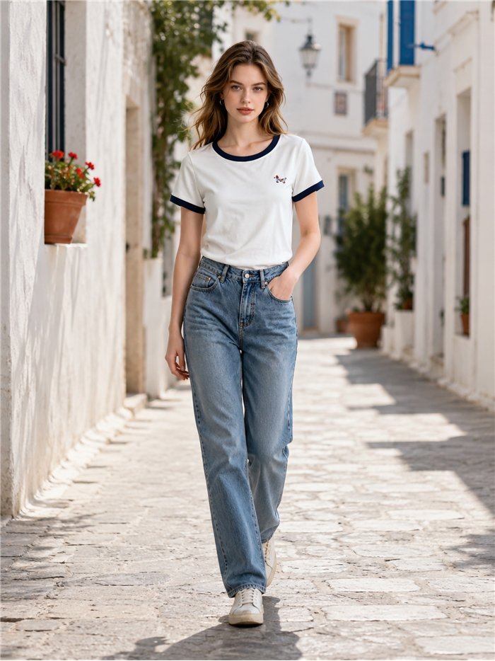 Dackel-T-Shirt mit kontrastierendem Rippstrickbündchen