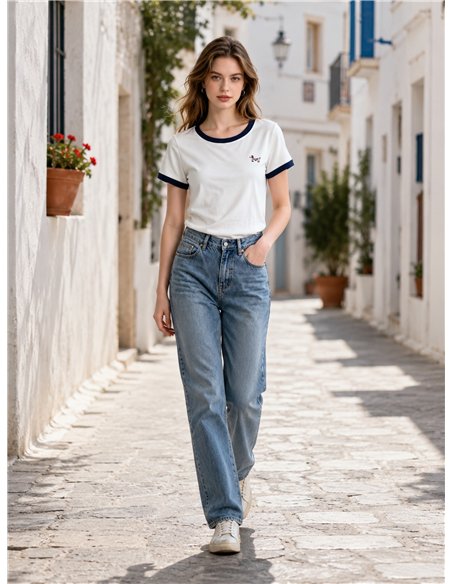 Dackel-T-Shirt mit kontrastierendem Rippstrickbündchen