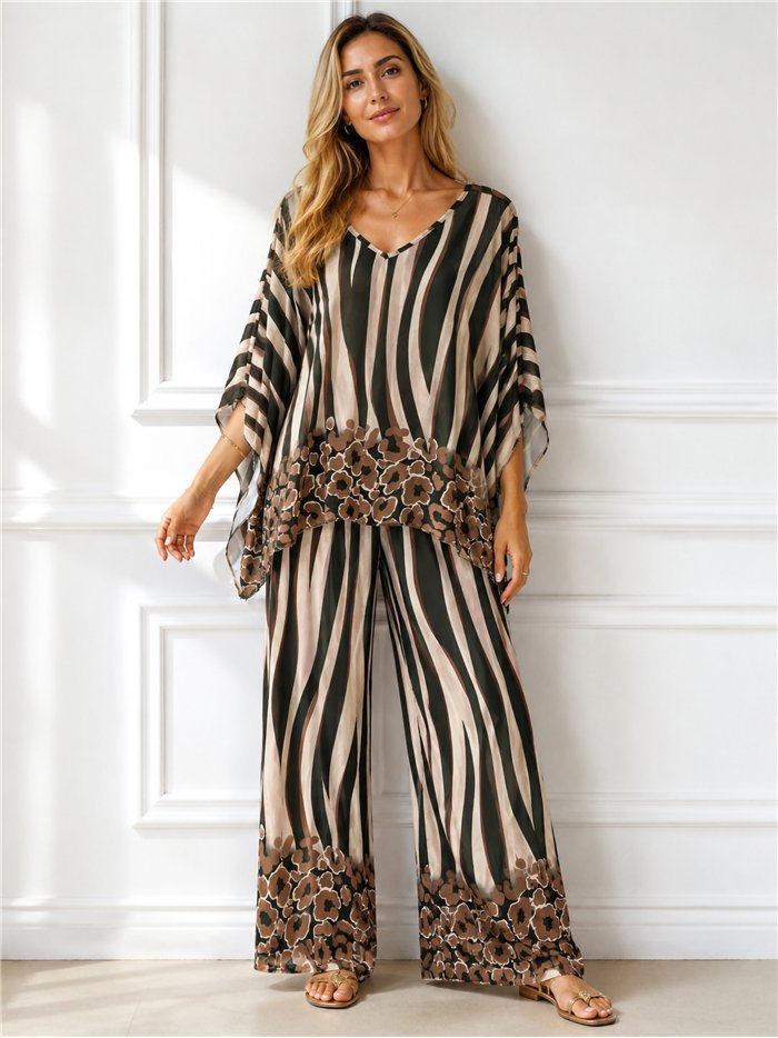 Conjunto talla grande blusa lycra estampado cebra y pantalón
