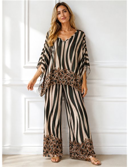 Conjunto talla grande blusa lycra estampado cebra y pantalón