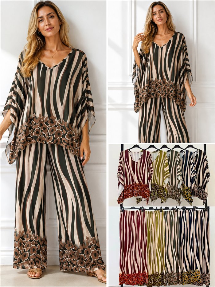 Conjunto talla grande blusa lycra estampado cebra y pantalón